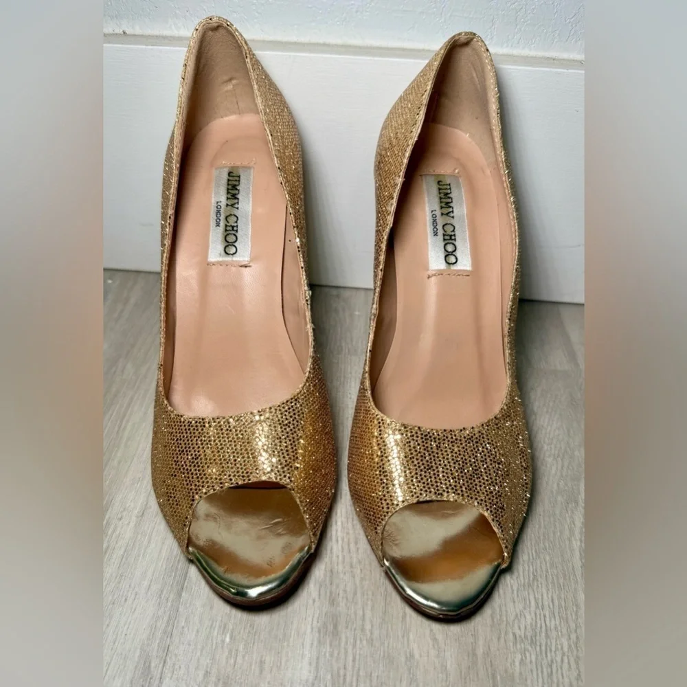 Jimmy Choo Gold Glitter Peep Toe Pumps Women’s EU 38 US 7.5 Stiletto Heels